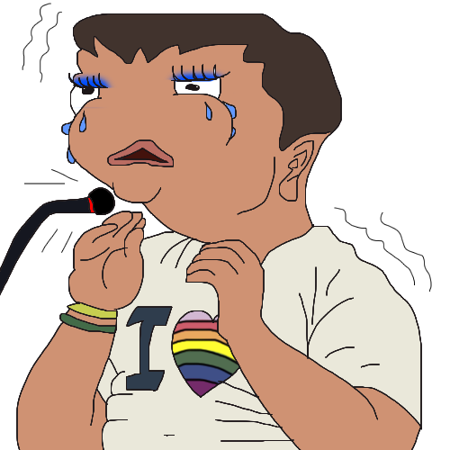A tearful man singing into a microphone