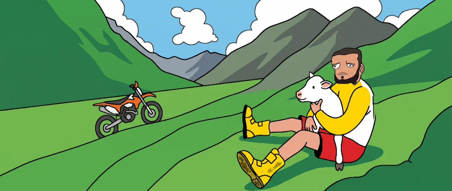 A bearded man sitting on a green Dagestani hillside holding a goat, a dirt bike parked behind him