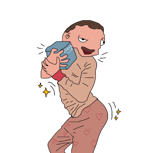 A man in heart pyjamas hugging a large ice pack