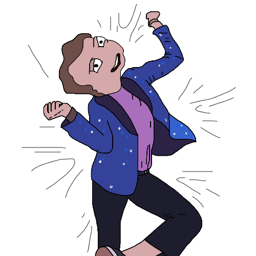 A man in a sparkly blue blazer mid celebration